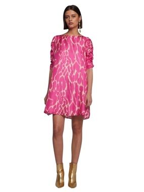 Vilagallo Dress SZ 42 US 10 Manon Pink Art NWT 100% Silk Abstract Ruched Sleeve